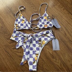La Porte Purple White Bikini Set high cut size medium NWT String top sexy